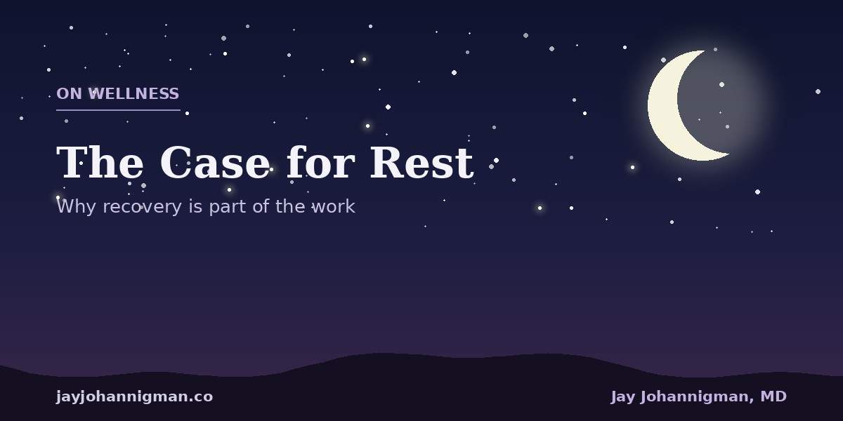 A crescent moon over a calm night sky, illustrating rest and recovery, for Dr. Jay Johannigman